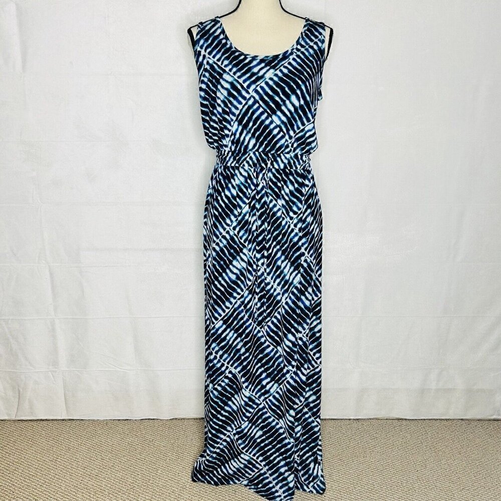 Calvin Klein Size 8 Sleeveless Elastic Waist Jersey Maxi Dress Womens Blue Multi